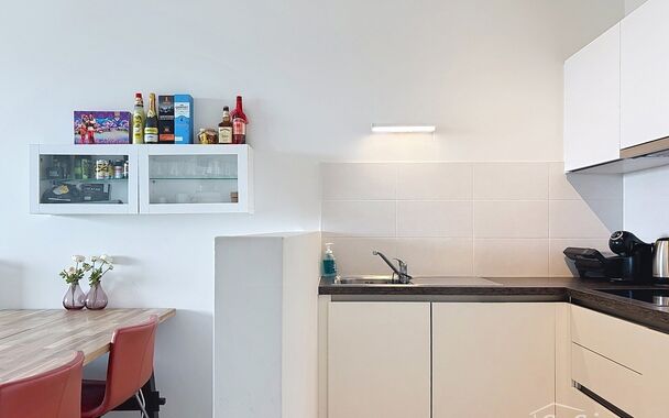 Dit energiezuinig appartement bevindt zich in een recent gebouw (2018) nabij het Rivierenhof. U betreedt het appartement via de inkomhal (ca.7 m&sup2;) met voldoende kastruimte en apart toilet. Lichtrijke woonkamer op keramische parket met een open keuken. De