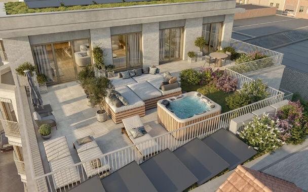 Exclusieve penthouse op een boogscheut van het eilandje.
Ontdek dit unieke appartement van (ca. 138 m²) met een uitzonderlijk terras met jacuzzi van (ca. 79 m²).
Project 30Noord wordt omringd door bestaande én nieuwe groene zones zoals Park Spoor N
