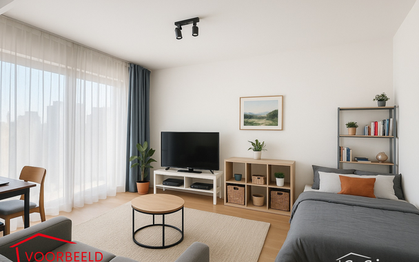 Dit stijlvol afgewerkt studioappartement op de derde verdieping combineert comfort, licht en een topligging op een boogscheut van het MAS en het bruisende Eilandje. 
De leefruimte met open keuken (32 m²) is volledig voorzien van hoogwaardige parketvloere