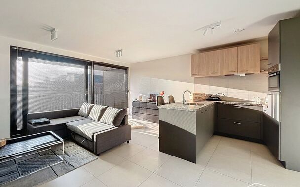 In het centrum van Stabroek is dit nieuwbouw studio-appartement gelegen. Inkomhal met apart toilet. Ruime woon- en eetkamer (ca.40m&sup2;) met een open volledig ge&iuml;nstalleerde keuken (ca.12m&sup2;). Zowel vanuit de keuken en de woonkamer rechtstreeks toegang tot