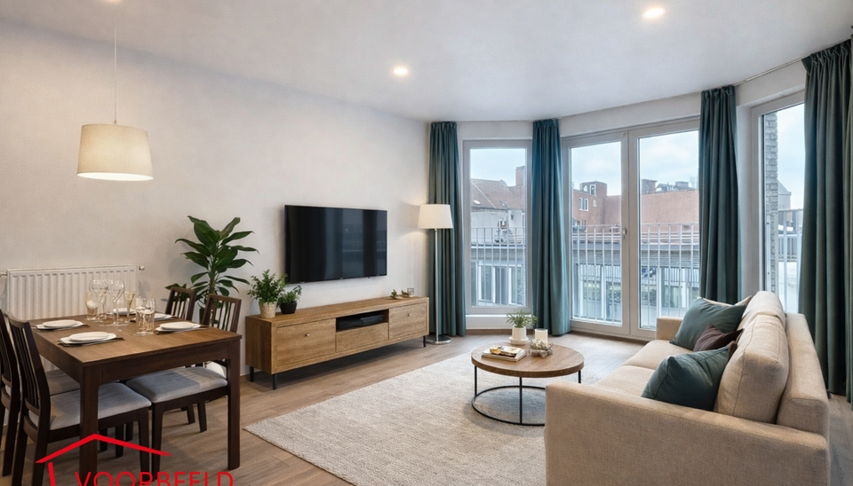 Prachtig onderhouden appartement met 2 slaapkamers. Ruime en lichte woonkamer (ca. 30m&sup2;) op parkettegel met aansluitend open keuken en toegang tot het terras met ochtendzon. De keuken is voorzien van kwaliteitsvolle toestellen (spoelbak, vaatwasser, damp