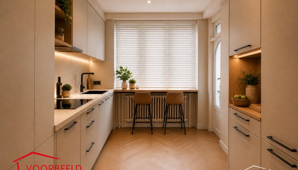 Welkom in residentie Est&eacute;ria. Op de zevende verdieping van dit goed onderhouden gebouw bevindt zich dit charmante tweeslaapkamerappartement.

Via de ruime inkomhal, uitgerust met een gastentoilet en praktische inbouwvestiaire, betreedt u het appartement.