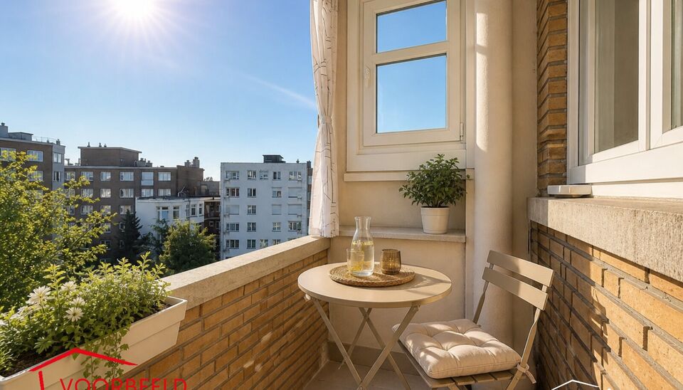 Welkom in residentie Est&eacute;ria. Op de zevende verdieping van dit goed onderhouden gebouw bevindt zich dit charmante tweeslaapkamerappartement.

Via de ruime inkomhal, uitgerust met een gastentoilet en praktische inbouwvestiaire, betreedt u het appartement.