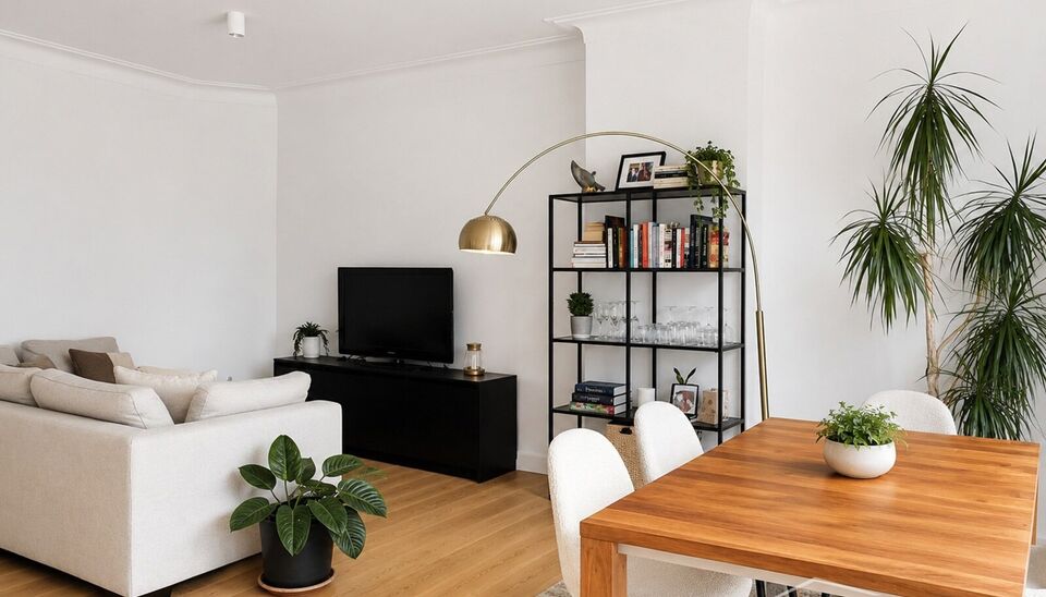 Stijlvol gerenoveerd appartement op de bovenste verdieping van een kleinschalig gebouw in de expowijk.
Inkomhal, lichtrijke leefruimte (31 m&sup2;), afgewerkt met een mooie laminaatvloer. De grote vernieuwde ramen zorgen voor overvloedig natuurlijk licht en e