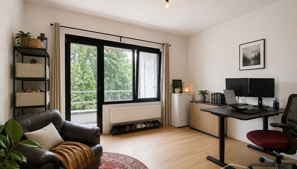 Stijlvol gerenoveerd appartement op de bovenste verdieping van een kleinschalig gebouw in de expowijk.
Inkomhal, lichtrijke leefruimte (31 m&sup2;), afgewerkt met een mooie laminaatvloer. De grote vernieuwde ramen zorgen voor overvloedig natuurlijk licht en e