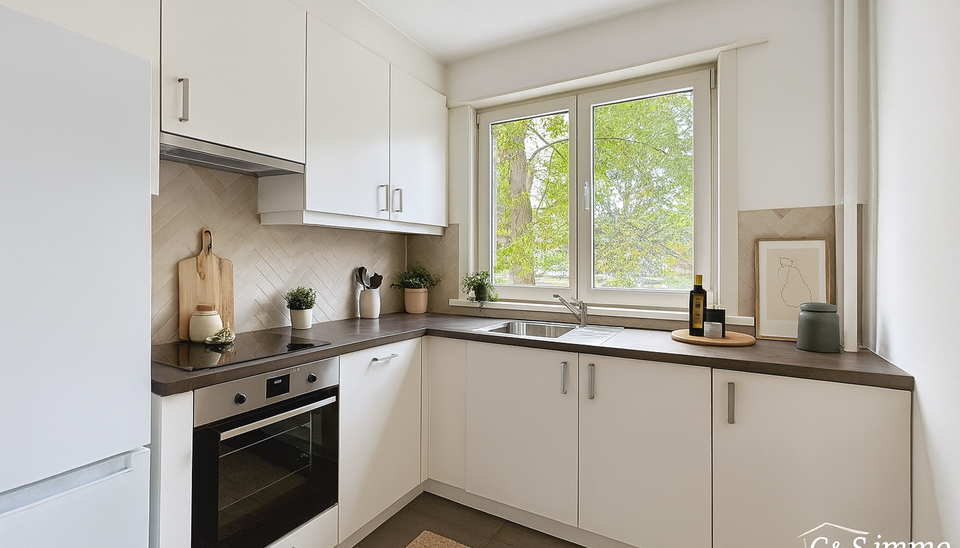 Licht appartement op wandelafstand van het Te Boelaarpark en diverse winkels.
De inkomhal leidt naar de woon- en eetkamer (ca. 23 m²) met laminaatvloer, aansluitend aan de praktische hoekkeuken. Het appartement beschikt over 2 slaapkamers (ca. 13 m² - 5