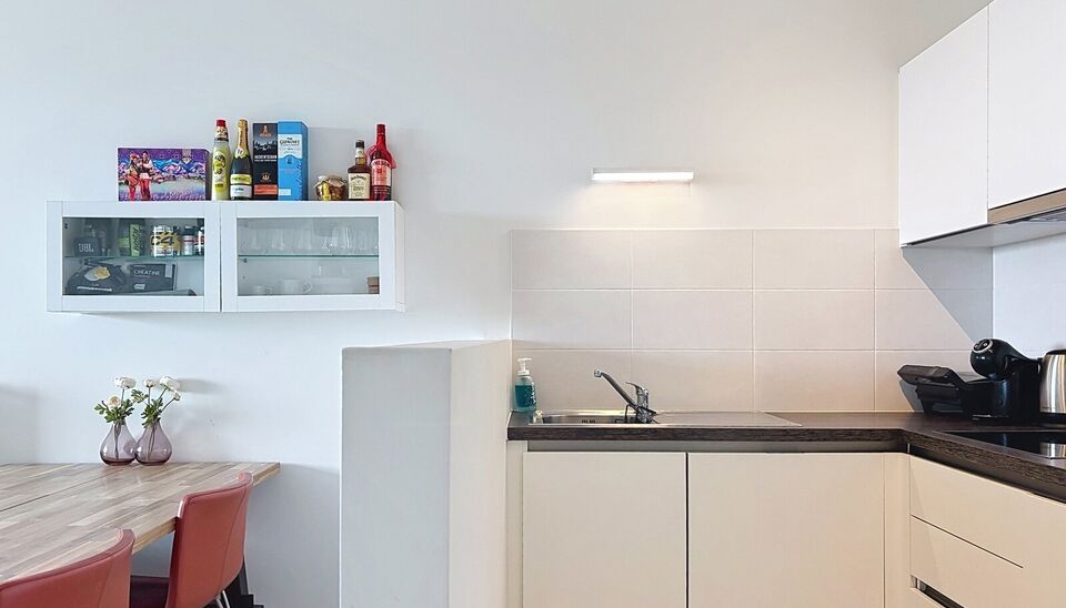 Dit energiezuinig appartement bevindt zich in een recent gebouw (2018) nabij het Rivierenhof. U betreedt het appartement via de inkomhal (ca.7 m&sup2;) met voldoende kastruimte en apart toilet. Lichtrijke woonkamer op keramische parket met een open keuken. De
