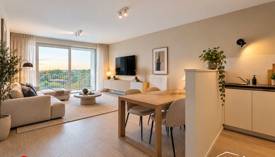 Dit energiezuinig appartement bevindt zich in een recent gebouw (2018) nabij het prachtige Rivierenhof. U betreedt het appartement via de inkomhal (ca.7 m&sup2;) met voldoende kastruimte en apart toilet. Lichtrijke woonkamer op keramische parket met een open 