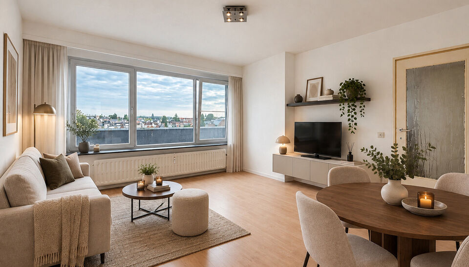 Instapklare &eacute;&eacute;nslaapkamerappartement op de vierde en bovenste verdieping van een kleinschalig gebouw met lift.
Via de inkomhal met apart toilet bereikt u de lichtrijke woonkamer (ca. 18 m&sup2;), afgewerkt met laminaat en genietend van een mooi open uitzich