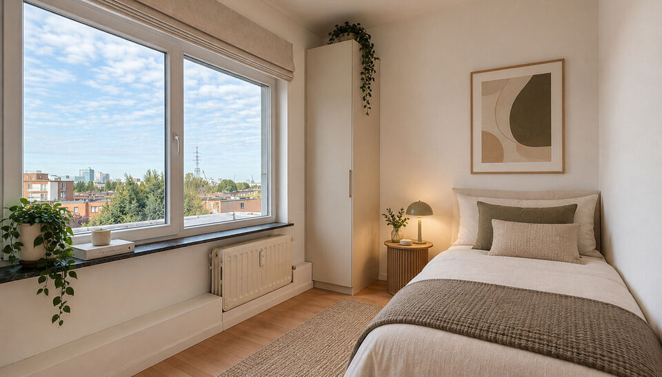 Instapklare &eacute;&eacute;nslaapkamerappartement op de vierde en bovenste verdieping van een kleinschalig gebouw met lift.
Via de inkomhal met apart toilet bereikt u de lichtrijke woonkamer (ca. 18 m&sup2;), afgewerkt met laminaat en genietend van een mooi open uitzich