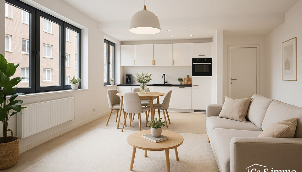 Stap binnen in dit smaakvol afgewerkte appartement, gelegen in een klasse vol gerenoveerd gebouw op wandelafstand van het centrum van Edegem.
De inkomhal biedt directe toegang tot de moderne open keuken, volledig uitgerust met hoogwaardige Siemens-toestel