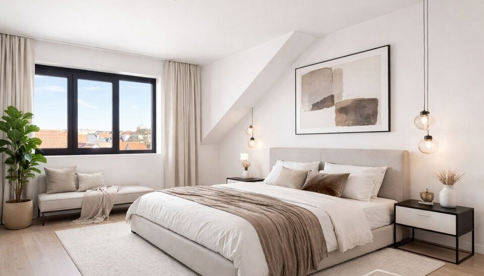 Tip top afgewerkt duplex appartement met terras en 2 slaapkamers.  Dit appartement biedt een perfecte balans tussen comfort en stijl, gelegen in de levendige en vernieuwende wijk Stuivenberg. Bij binnenkomst inkomhal met een apart toilet. De lichtrijke le