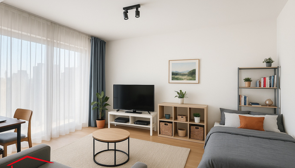 Dit stijlvol afgewerkt studioappartement op de derde verdieping combineert comfort, licht en een topligging op een boogscheut van het MAS en het bruisende Eilandje. 
De leefruimte met open keuken (32 m²) is volledig voorzien van hoogwaardige parketvloere